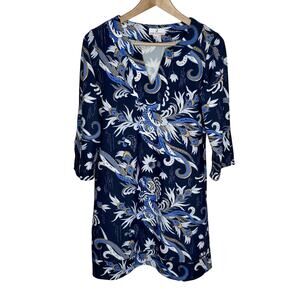 Jude Connally Womens Nancy Dress Small Blue Dragon Print V Neck 3/4 Split Sleeve